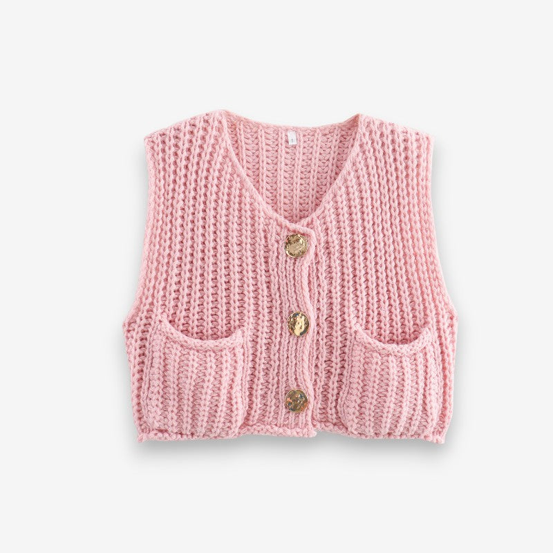 Gilet Femme Élégant Col V Boutons Dorés