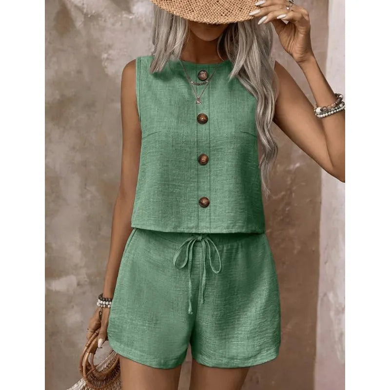 Ensemble Femme Sans Manches Boutonné et Short Ajustable