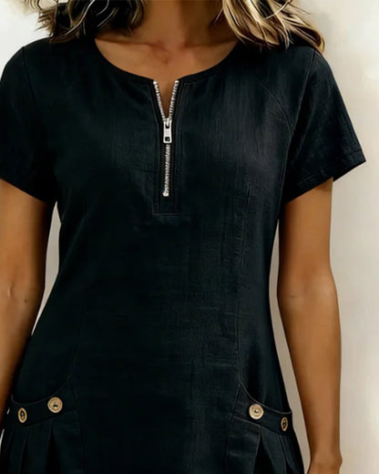 Robe Courte Femme Poches Col Zippé Moderne