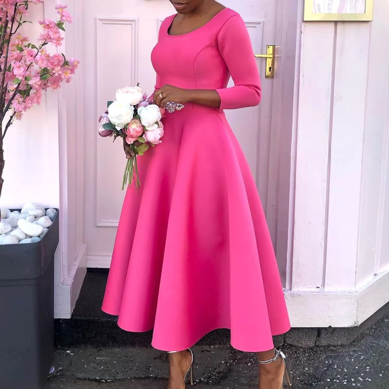 Robe Femme Élégante Mi-Longue Col Rond