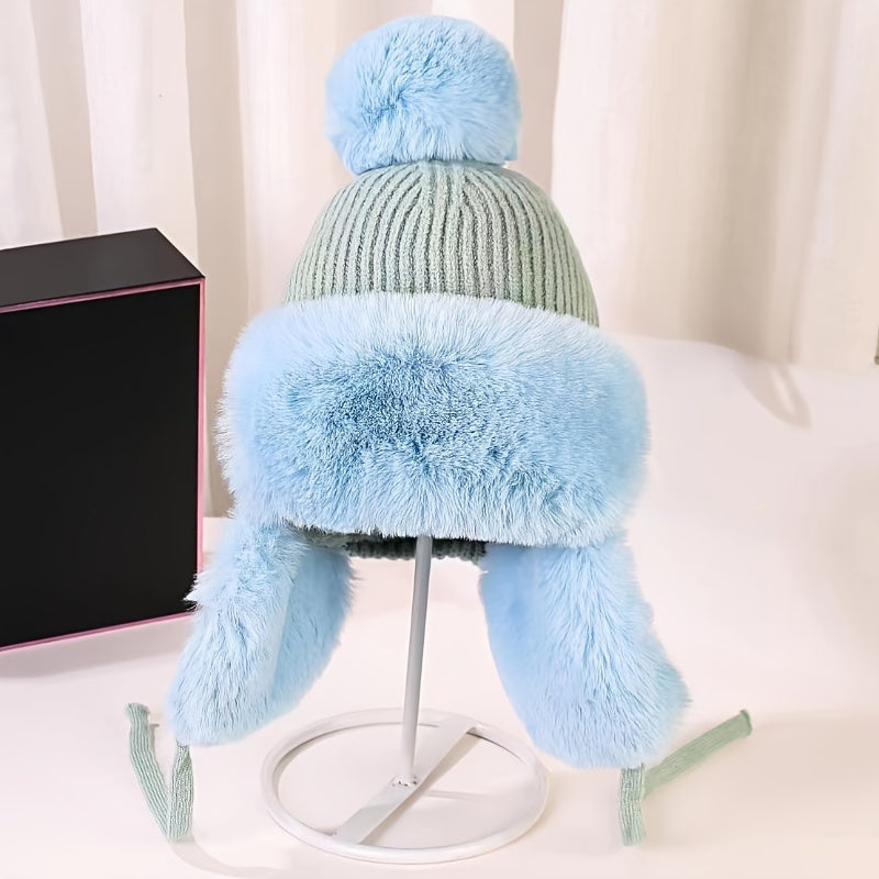 Bonnet Femme Hiver Chaud avec Oreilles Protégées et Pompon Coloré