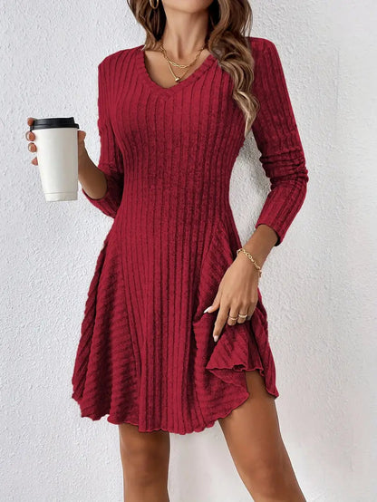 Robe Décontractée à Manches Longues et Décolleté Plongeant