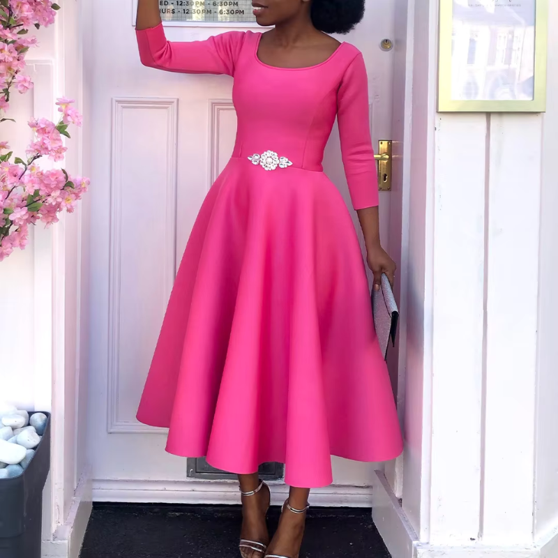 Robe Femme Élégante Mi-Longue Col Rond