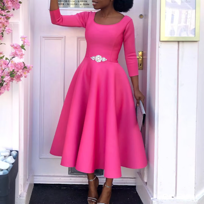 Robe Femme Élégante Mi-Longue Col Rond