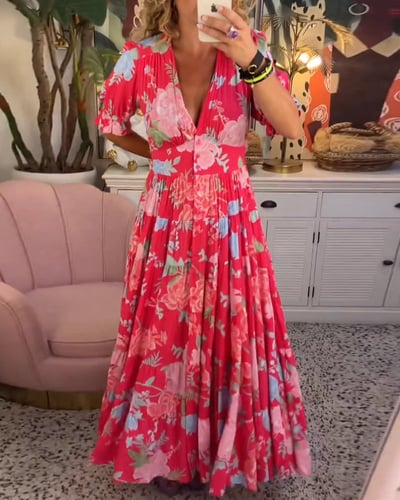 Robe Longue Femme Fluide Imprimée Col V Manches Courtes - PanierRoyale