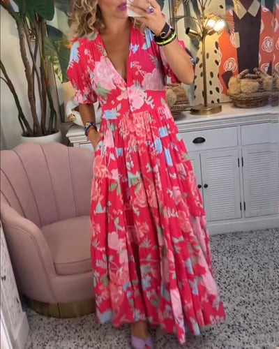 Robe Longue Femme Fluide Imprimée Col V Manches Courtes
