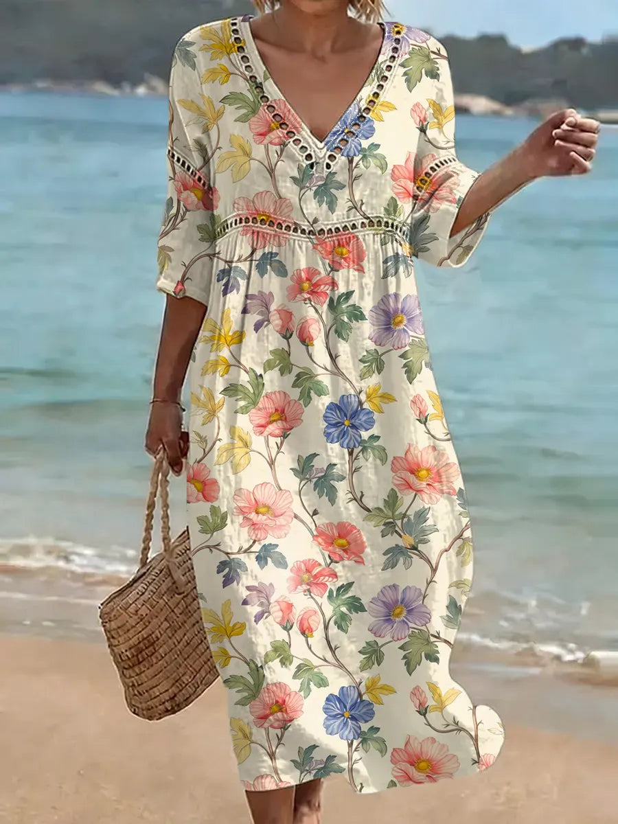 Robe midi Femme Coton Lin Col en V Imprimé Floral