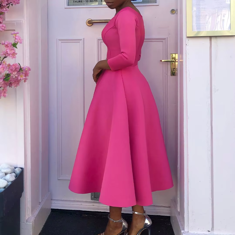 Robe Femme Élégante Mi-Longue Col Rond