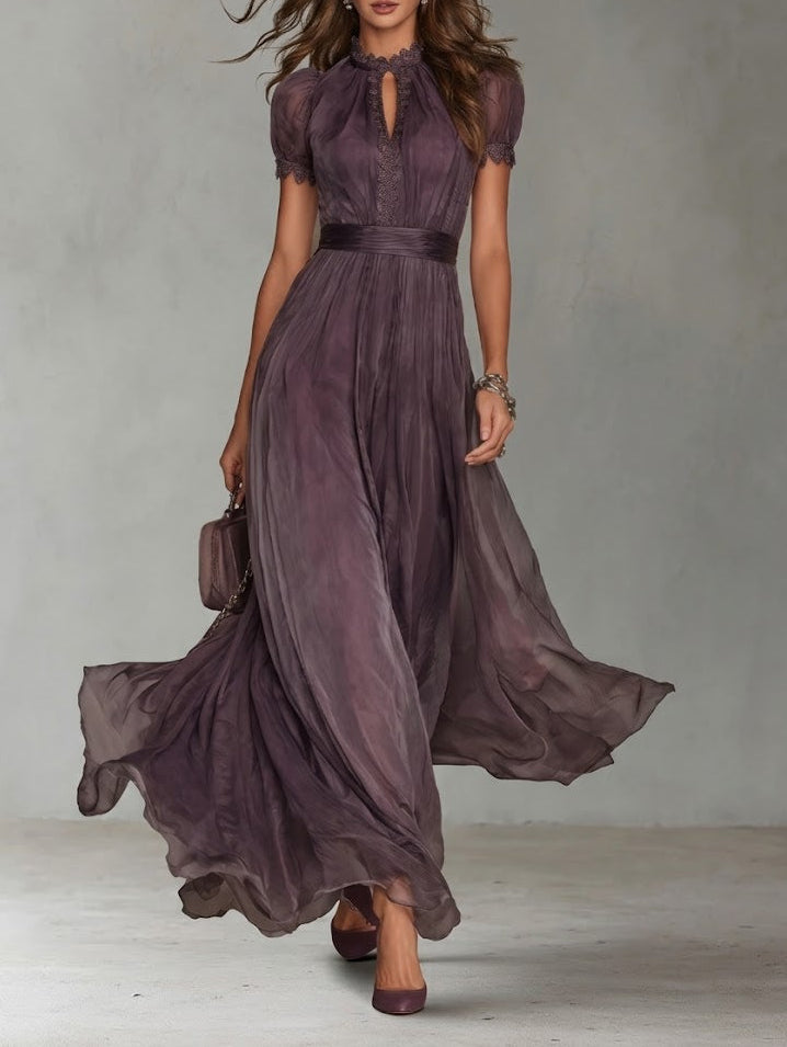 Robe Longue Femme Chiffon Fluide Col Goutte Dentelle Coupe Élégante - PanierRoyale