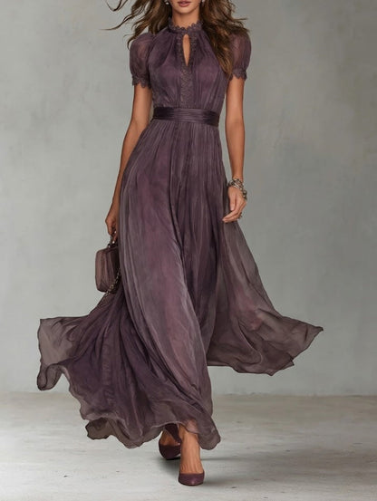 Robe Longue Femme Chiffon Fluide Col Goutte Dentelle Coupe Élégante - PanierRoyale