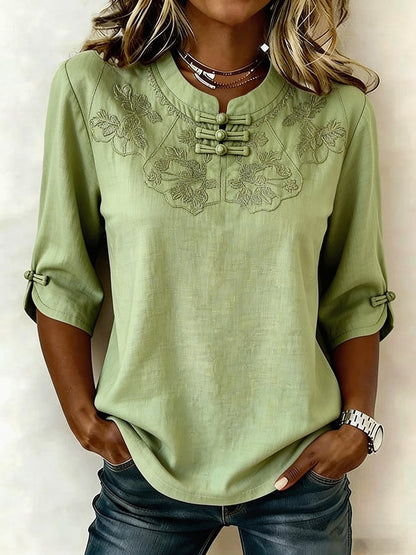 Femme Coton Lin Broderie Florale Col Rond Décontracté - PanierRoyale
