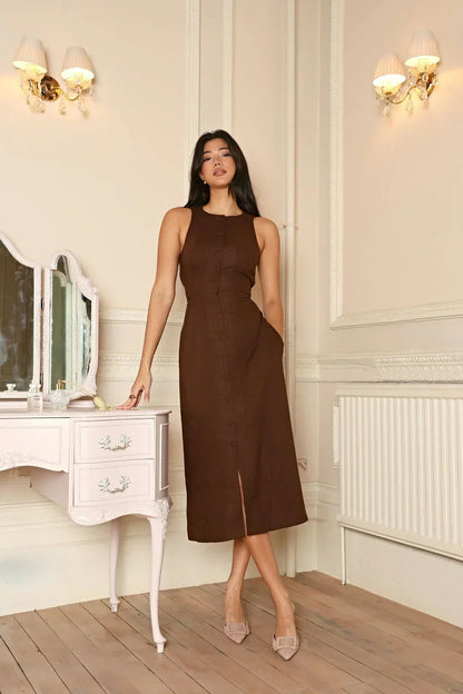 Robe Linen Brune sans Manches Mi-Longueur Élégante - BerlinGlamour