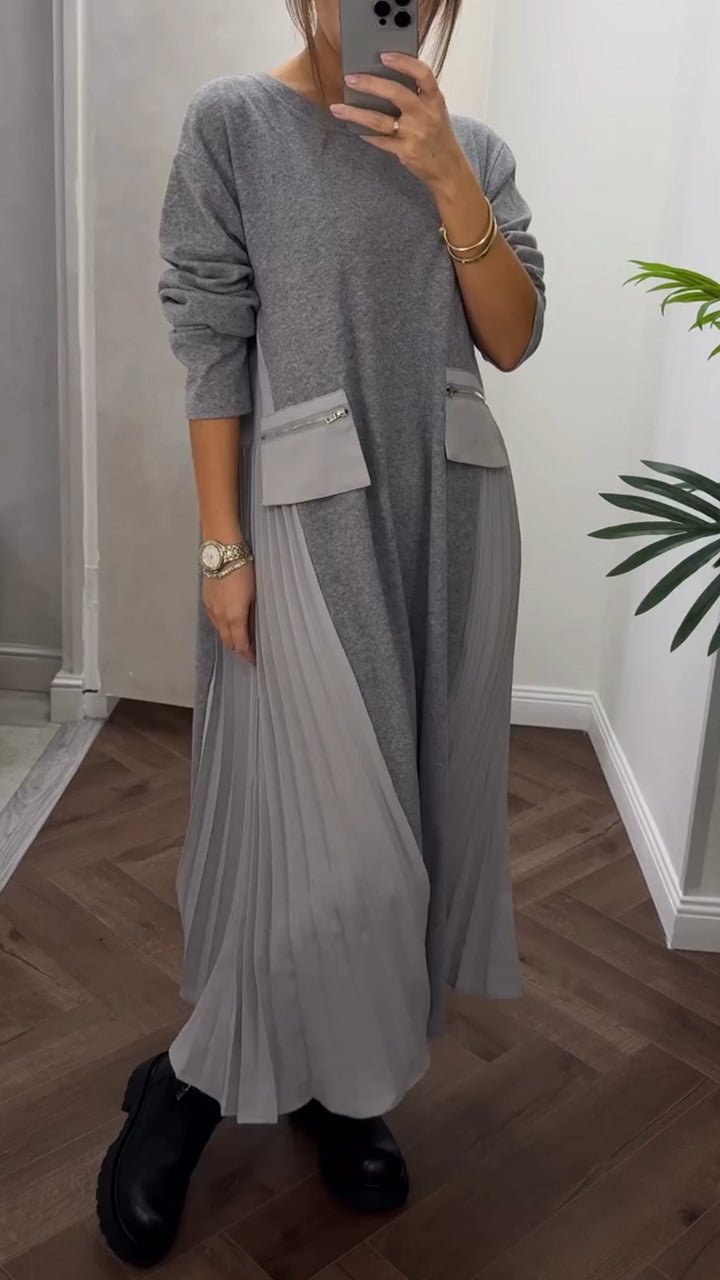 Robe longue Femme Plissée Fluide Col Rond Manches Longues Poches - PanierRoyale