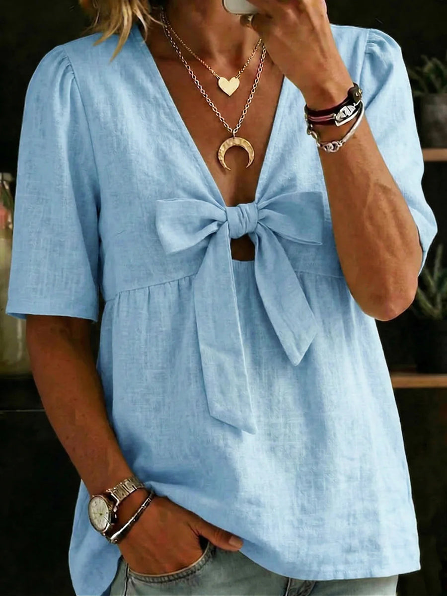 Chemise Femme Coton Lin Col V Nœud