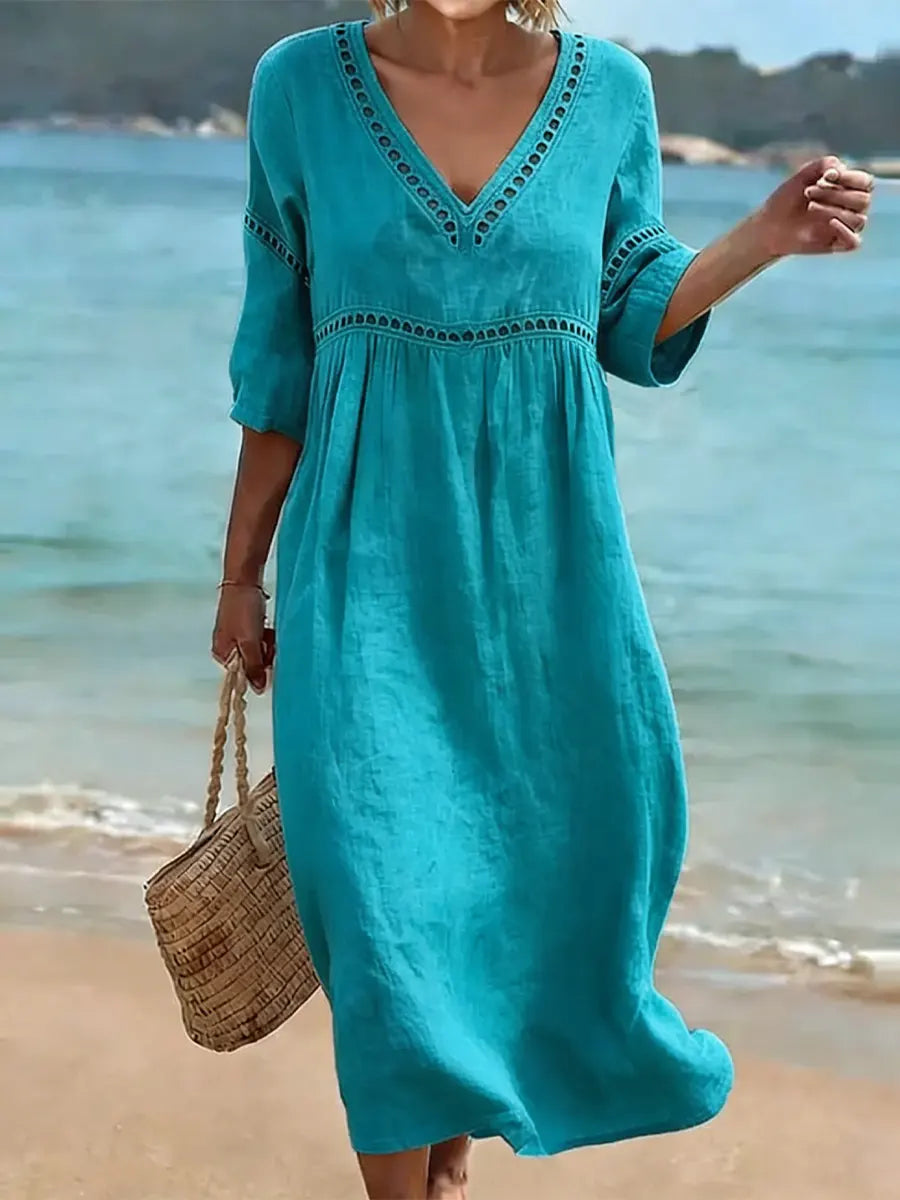 Robe Femme Coton Col V Coupe Fluide Manches Courtes
