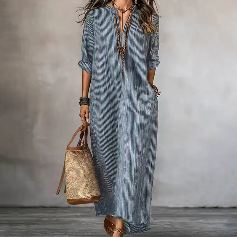 Robe maxi Femme Col en V Manches longues Coupe rayée - PanierRoyale