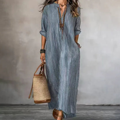 Robe maxi Femme Col en V Manches longues Coupe rayée - PanierRoyale