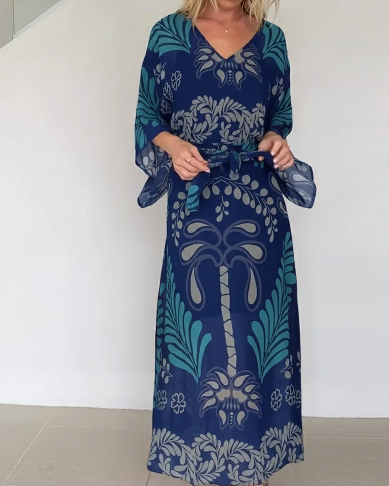 Robe Maxi Femme Imprimé Feuilles Col V Style Bohème