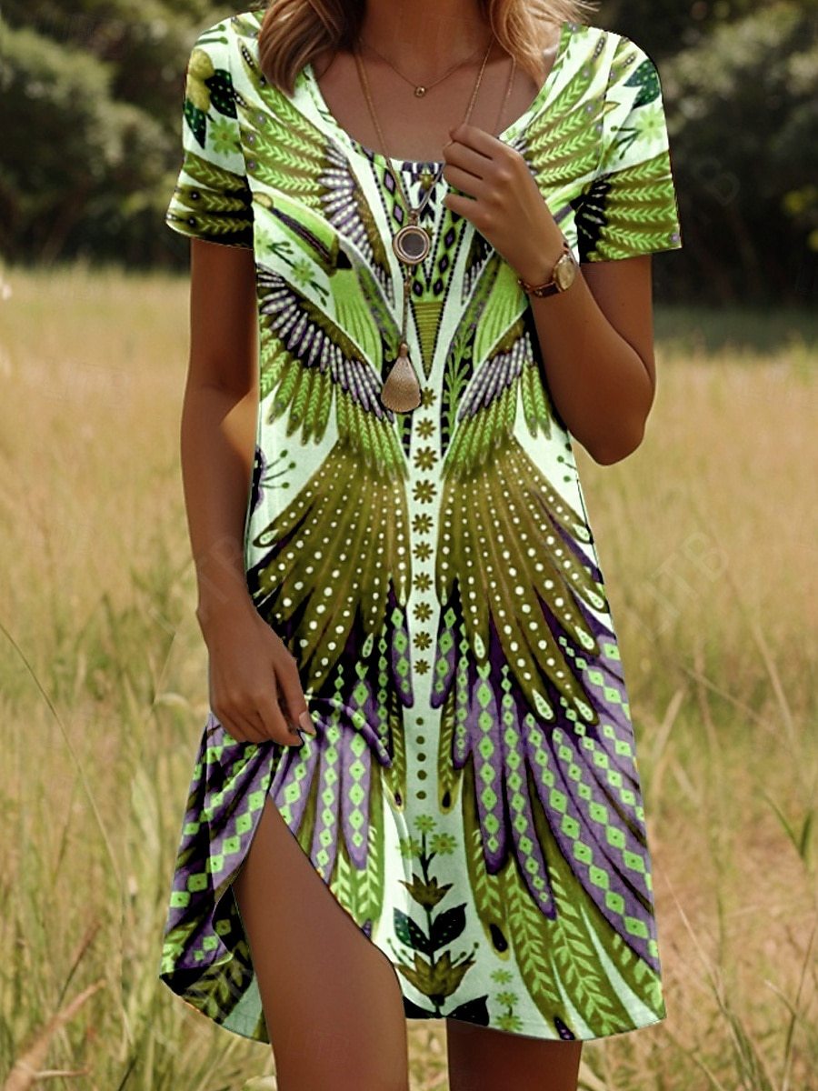 Robe Courte Femme Imprimé Ethnique Coupe Légère Manches Courtes