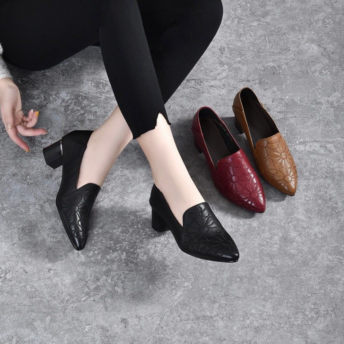 Escarpins Femme Cuir Véritable Brodé Talon Confortable