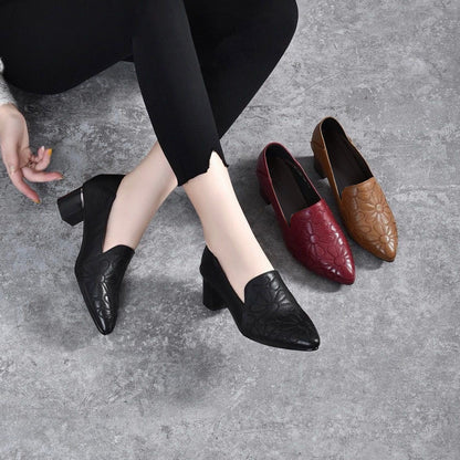 Escarpins Femme Cuir Véritable Brodé Talon Confortable