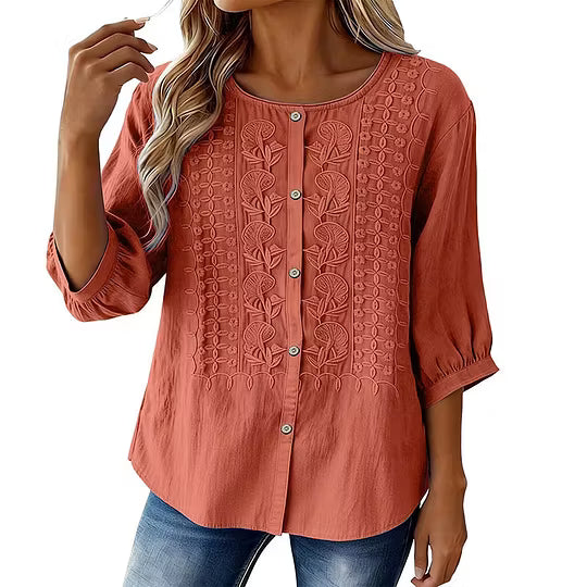 Blouse Femme Coton Lin Brodée Manches Longues