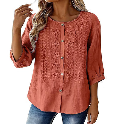Blouse Femme Coton Lin Brodée Manches Longues