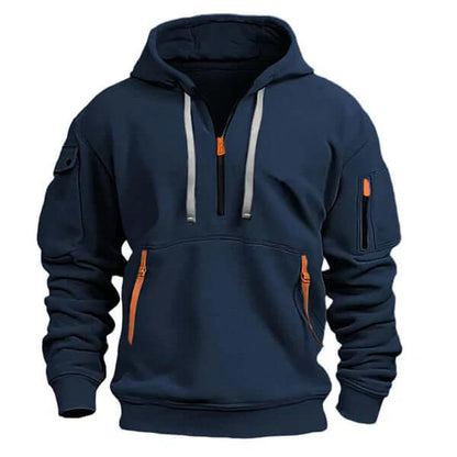 Sweat à capuche noir sport avec poches zippées et manches raglan ajustables
