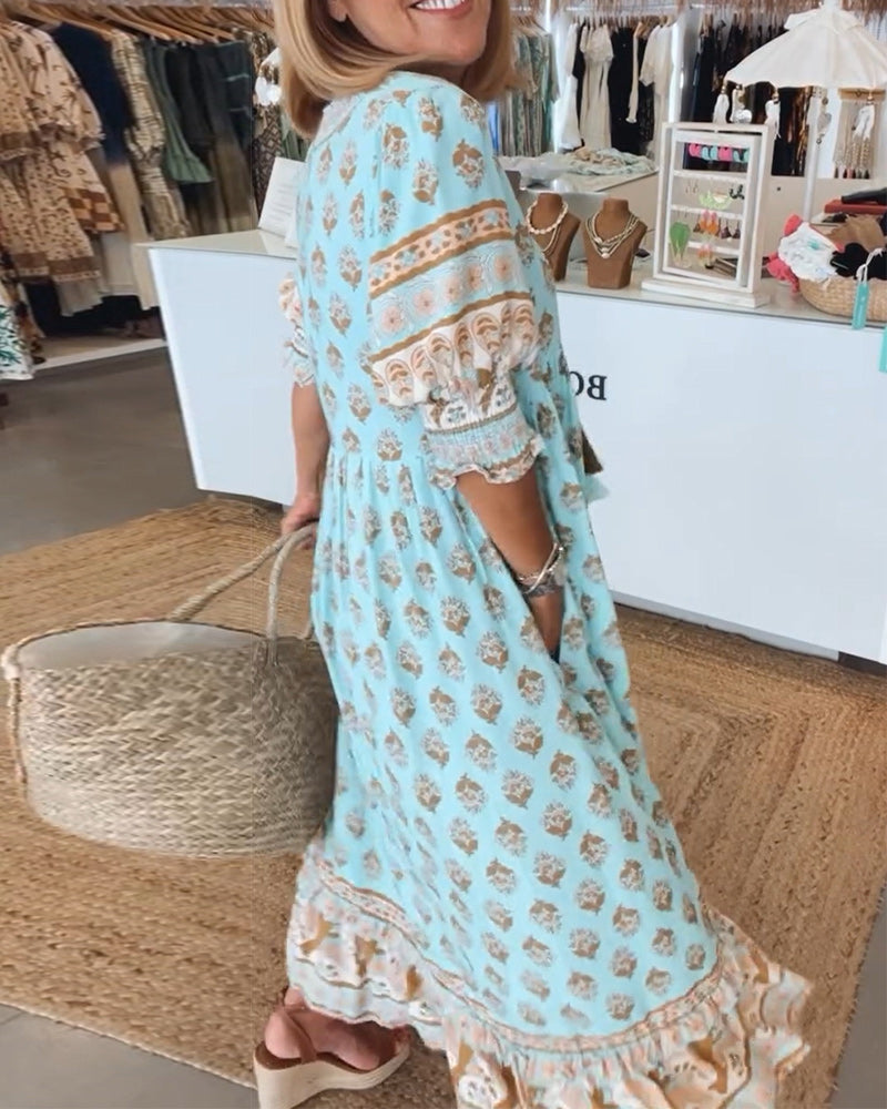 Robe midi Femme Fluide Imprimée Col en V Manches Lanterne Ample