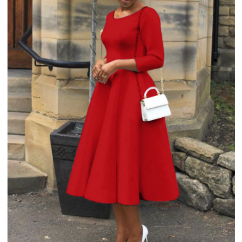 Robe Femme Élégante Mi-Longue Col Rond