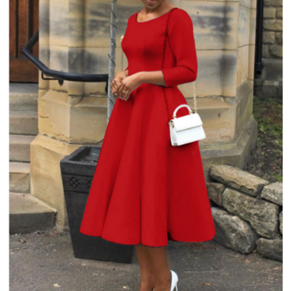 Robe Femme Élégante Mi-Longue Col Rond