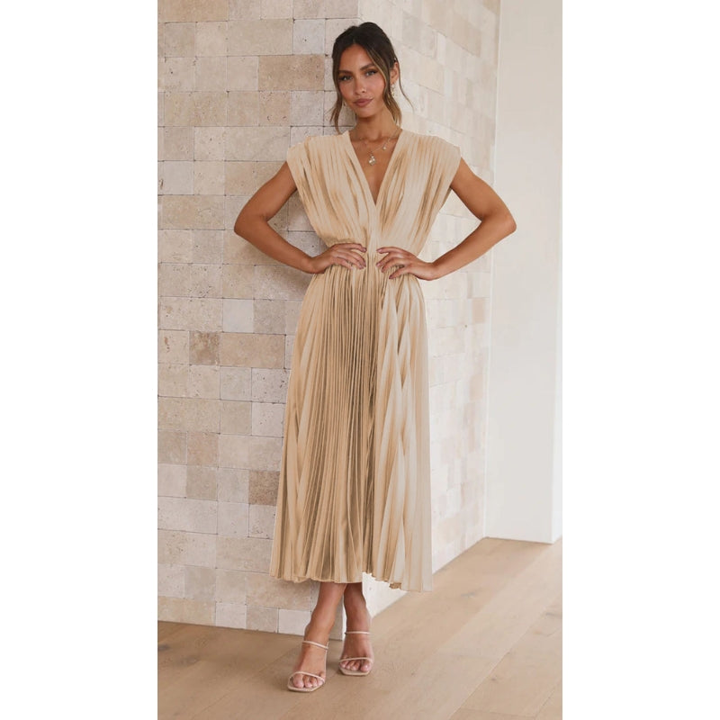 Robe Plissée Midi Élégante avec Décolleté Profond