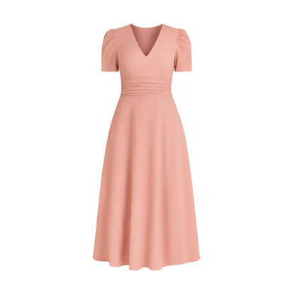 Robe Chic Mi-Longue Col V Manches Bouffantes Femmes