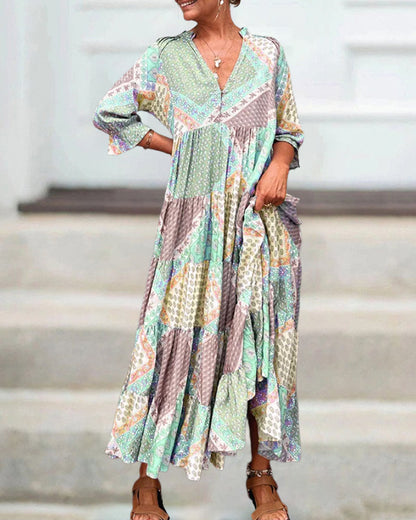 Robe Maxi Femme Imprimé Patchwork Coupe Ample Col V Manches Longues
