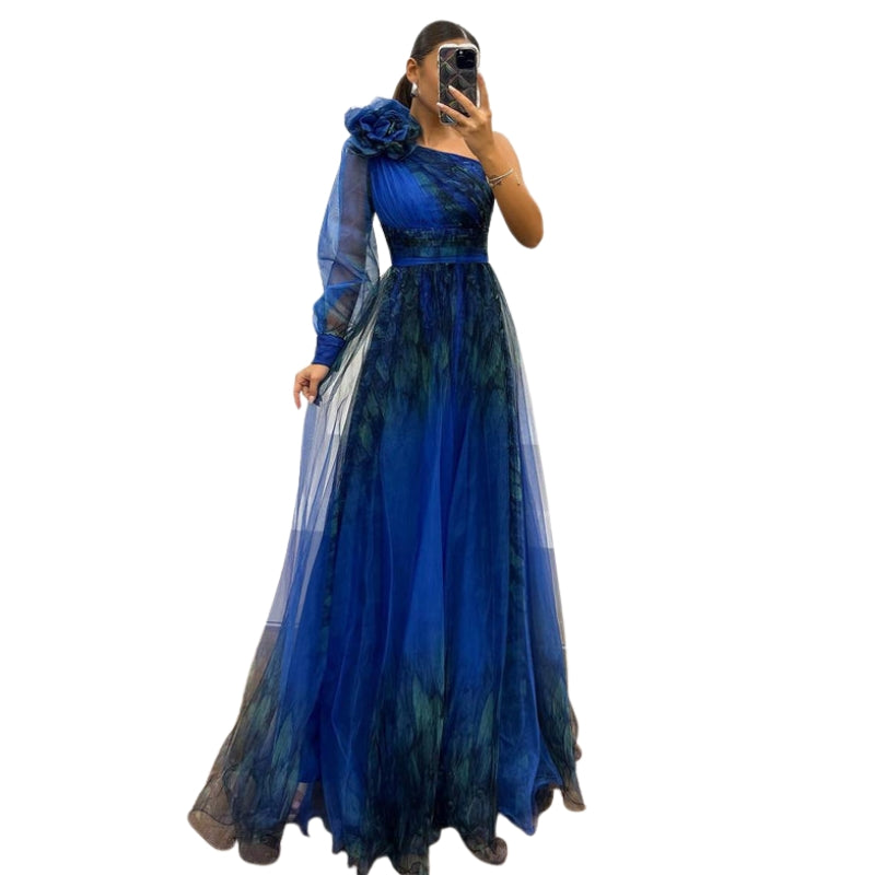 Robe Soirée Une Épaule Manches Longues avec Fente