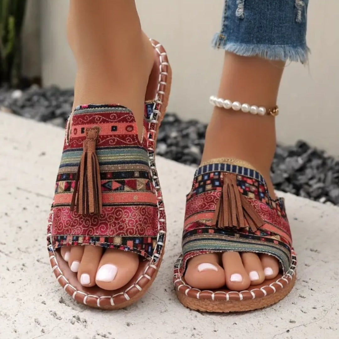 Sandales Femme Cuir Franges Semelle Confort Style Ethnique - PanierRoyale