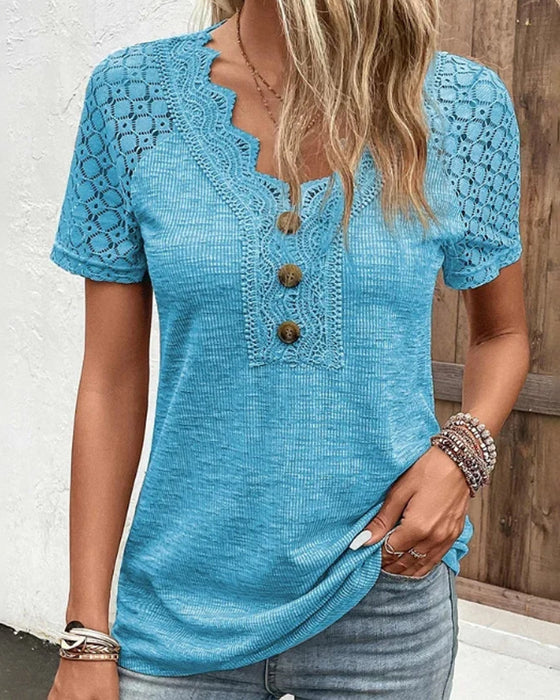 T-shirt Femme Coton Été Manches Courtes Décor Dentelle - PanierRoyale