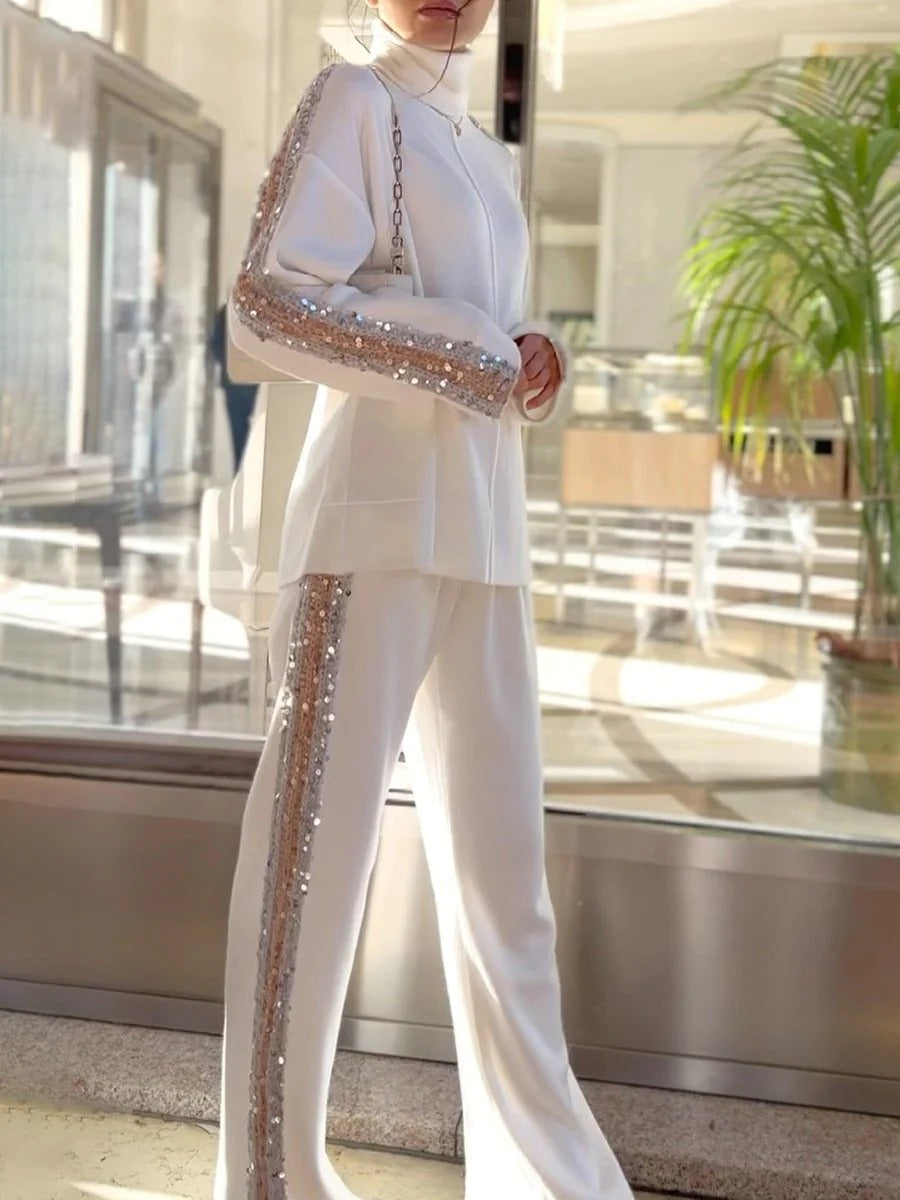 Robe Deux Pièces Blanc Paillettes Col Roulé
