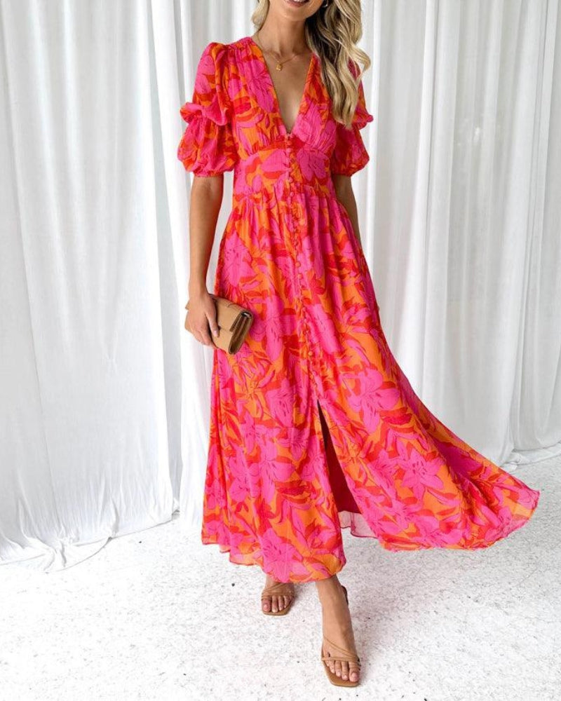 Robe Longue Femme Fluide Col en V Imprimée Manches Courtes - PanierRoyale