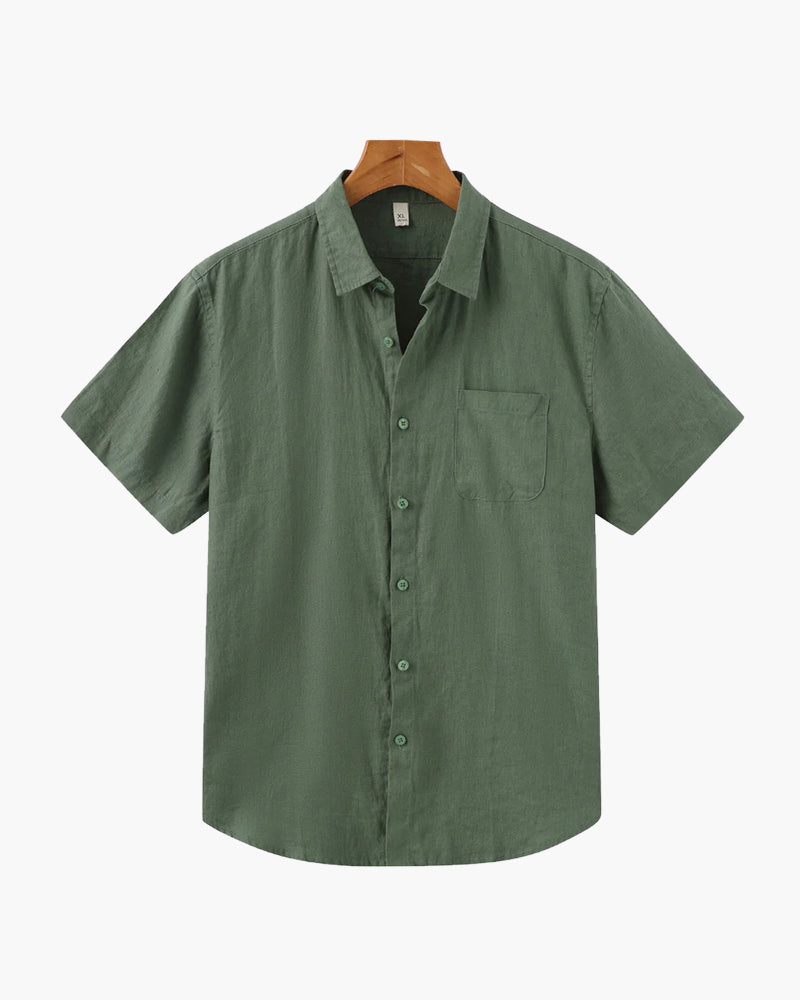 Chemise Homme Lin Coton Court Manches avec Poche Poitrine