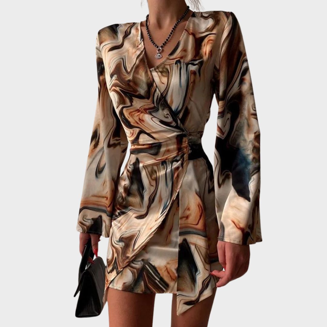 Robe Femme Imprimée Élégante - Décolleté Plongeant, Manches Longues Féminines