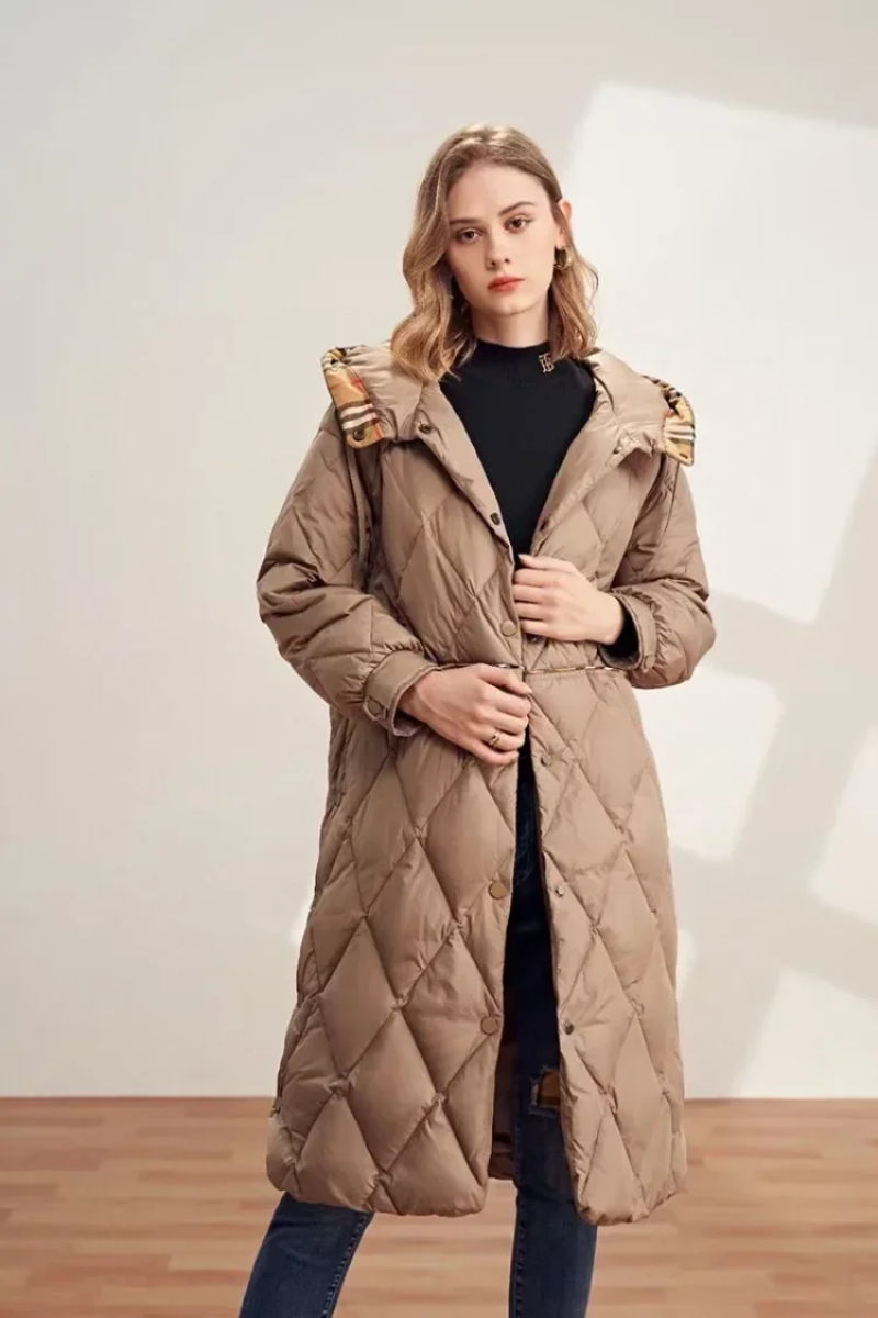 Manteau femme long à capuche avec doublure chauffante