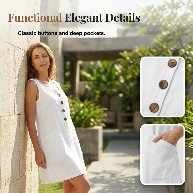 Robe Femme Coton Lin Sans Manches Boutons Décoratifs