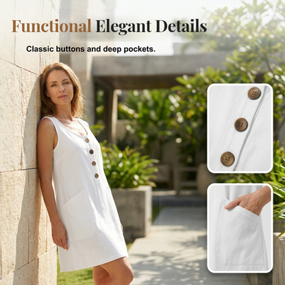 Robe Femme Coton Lin Sans Manches Boutons Décoratifs