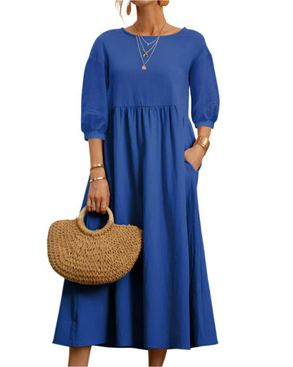Robe Femme Été en Coton Léger, Col Rond et Manches Courtes