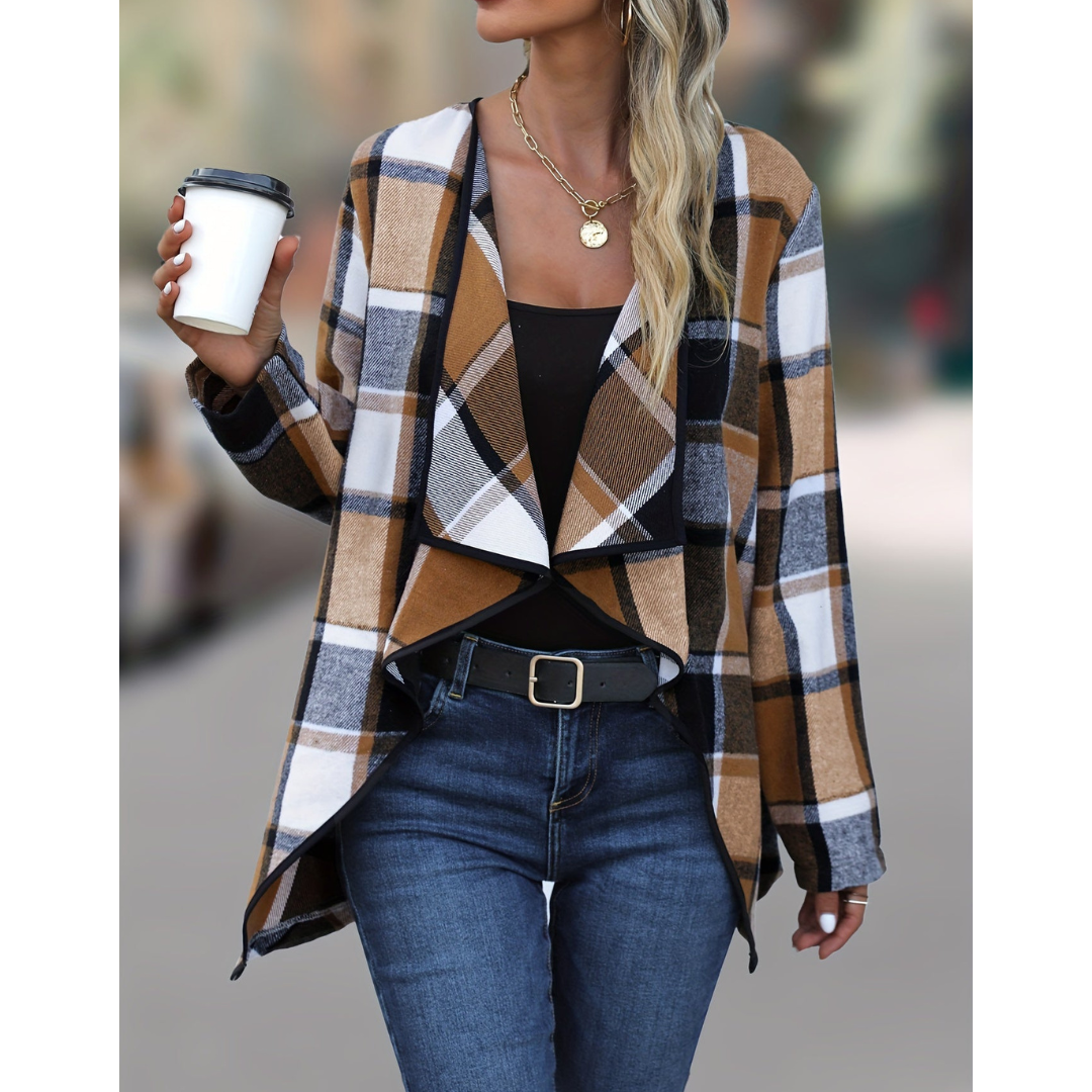 Veste longue femme carreaux classique chic - PanierRoyale