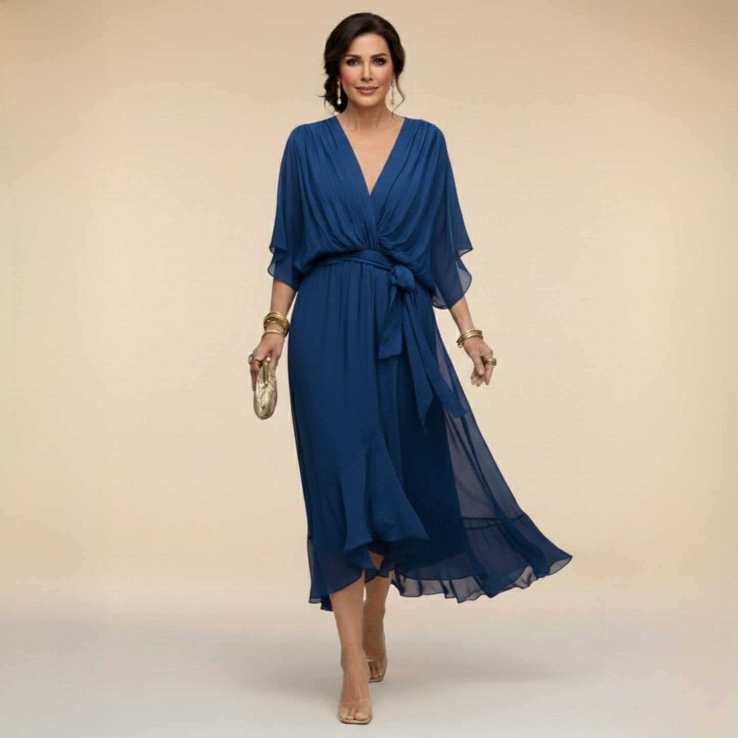 Robe Femme Chiffon Fluide Col en V Ceinturée