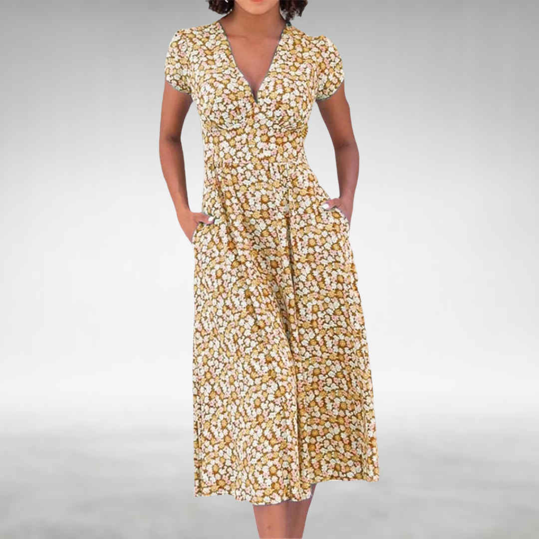 Robe Fleurs Col V Mi-Longue avec Poches