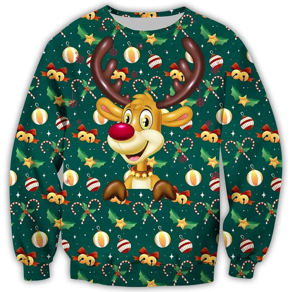 Pull de Noël Rouge Brillant avec Cerf Pour Homme et Femme