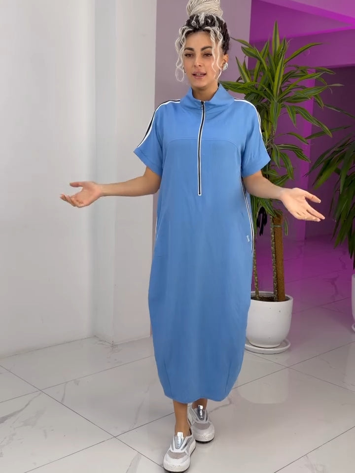 Robe Longue Femme Zippée Col Montant Coupe Fluide Sport Chic